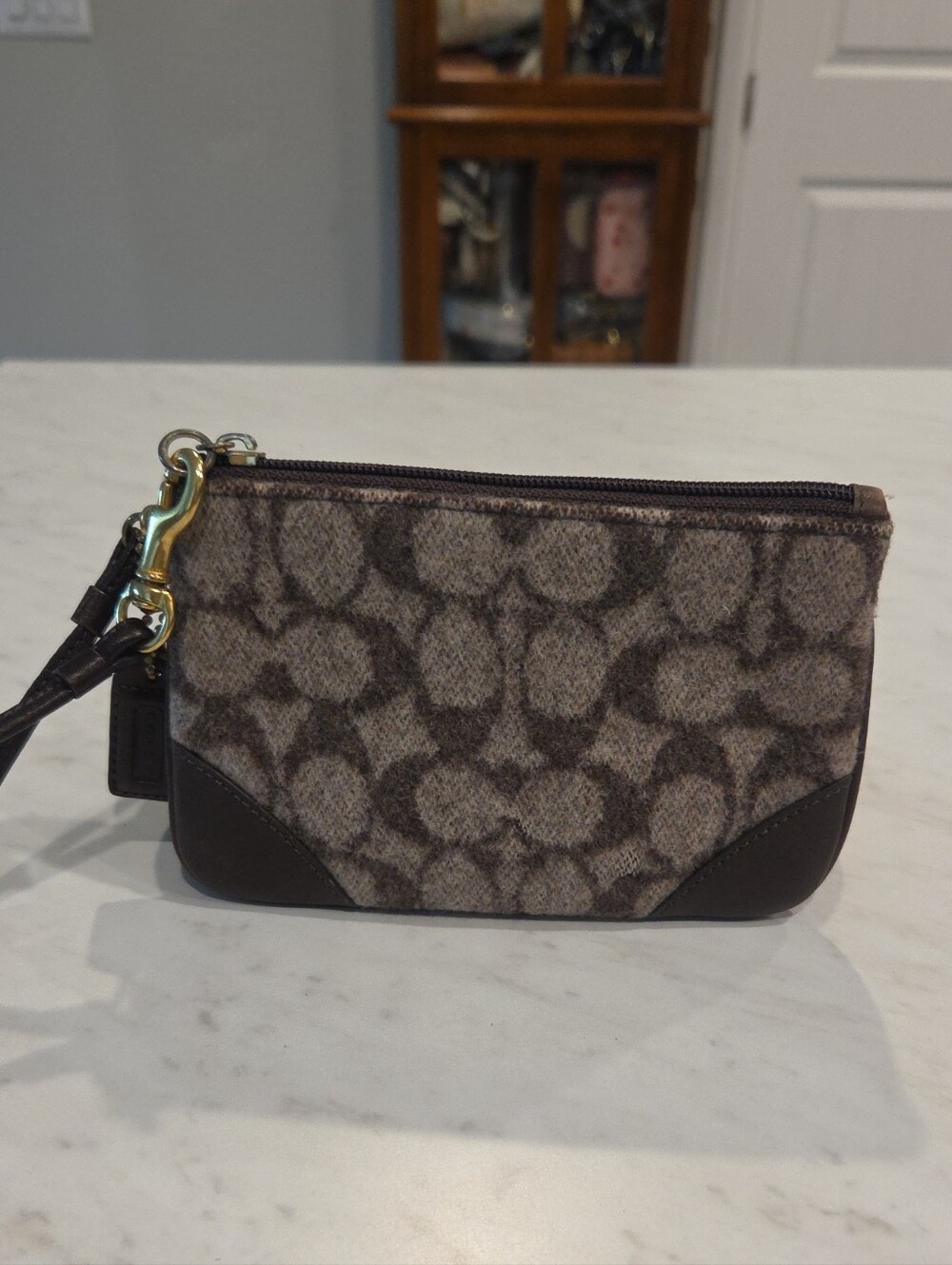 Coach Brown Signature Canvas Wristlet with Brown Dark Leather Trim